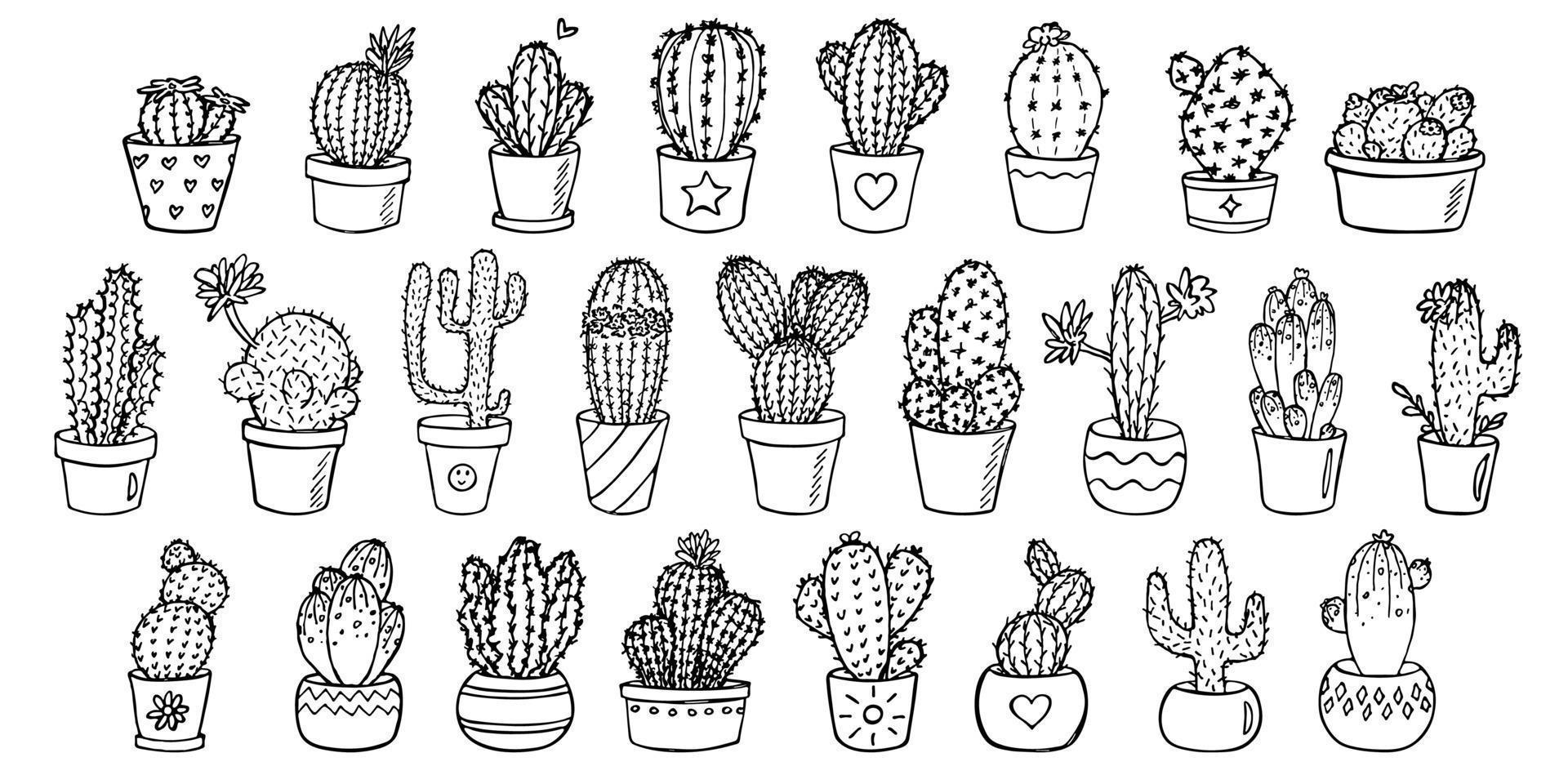 set van schattige handgetekende eenvoudige cactus. kamerplant in een pot clipart. cactussen illustratie. gezellige huiskrabbel. vector