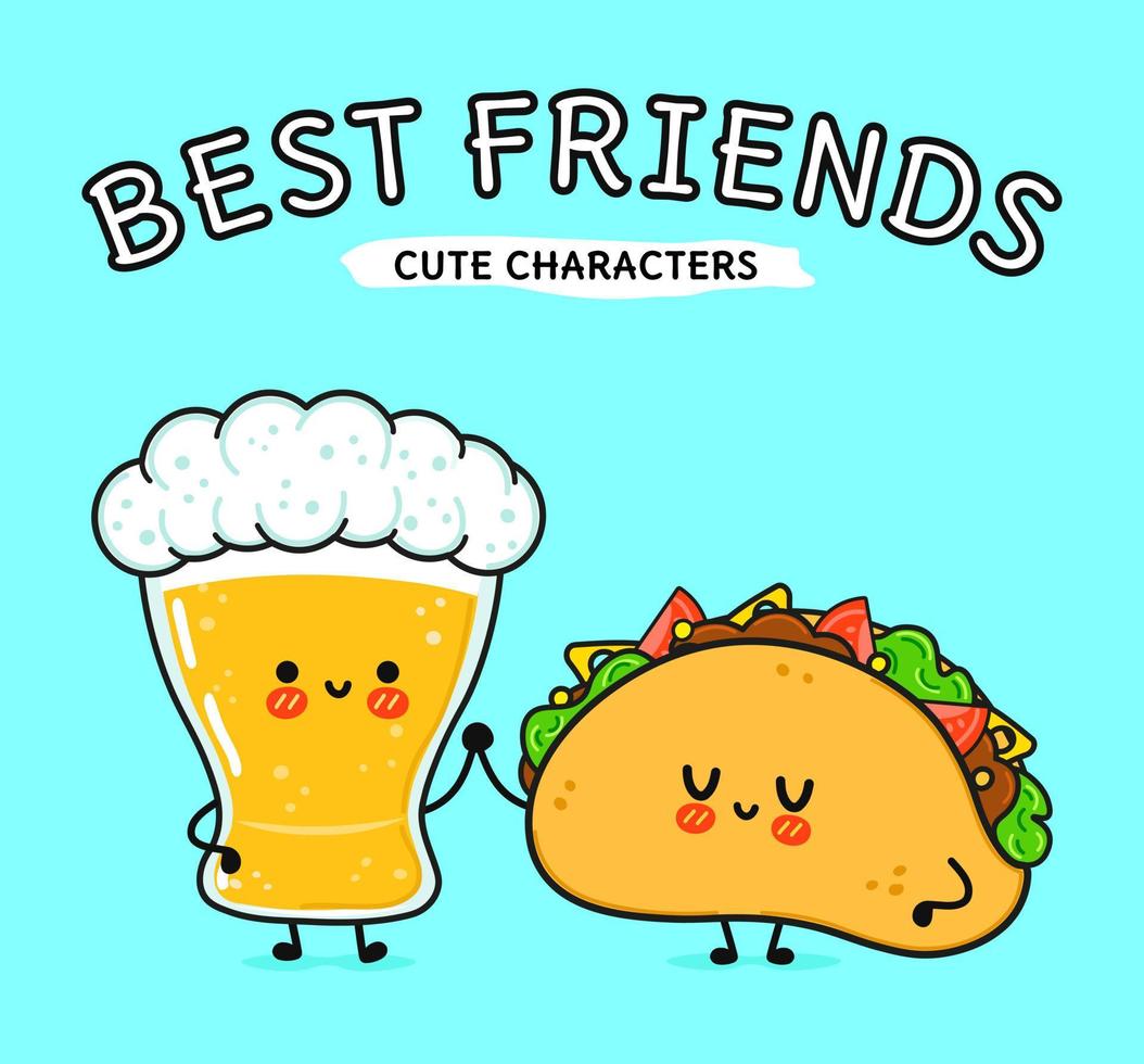 schattig, grappig vrolijk glas bier en taco. vector hand getekend kawaii stripfiguren, illustratie pictogram. grappige cartoon glas bier en taco mascotte vrienden concept