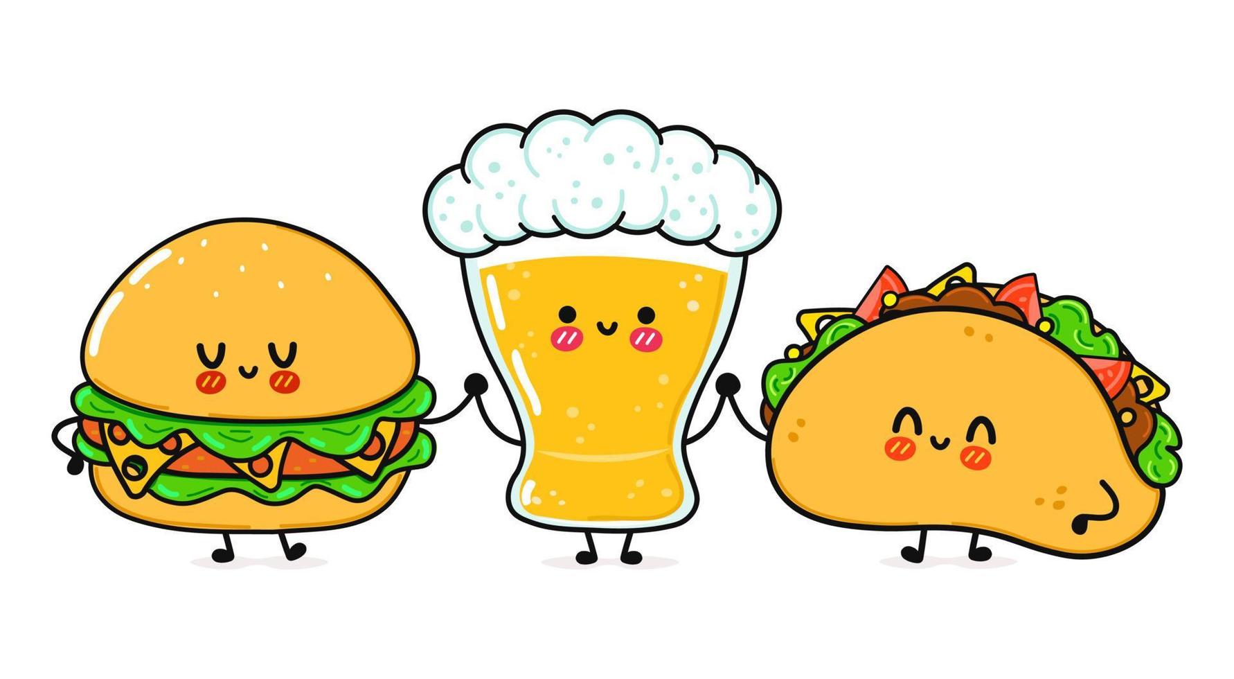schattig, grappig vrolijk glas bier taco hamburger. vector hand getekend kawaii stripfiguren, illustratie pictogram. grappige cartoon glas bier taco hamburger mascotte vrienden concept