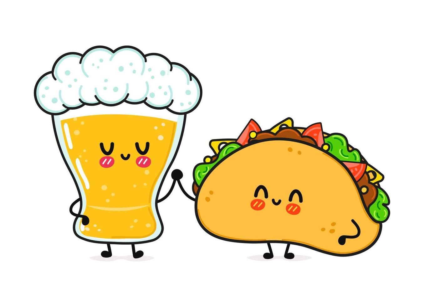 schattig, grappig vrolijk glas bier en taco. vector hand getekend kawaii stripfiguren, illustratie pictogram. grappige cartoon glas bier en taco mascotte vrienden concept