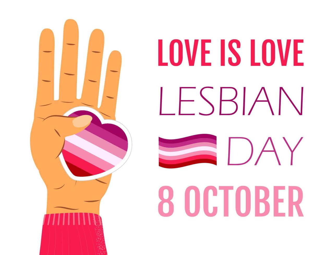 lesbische internationale dag concept vector. hand neemt hart in lesbische kleuren. vlag met roze strepen wordt getoond. evenement wordt gevierd op 8 oktober. vector