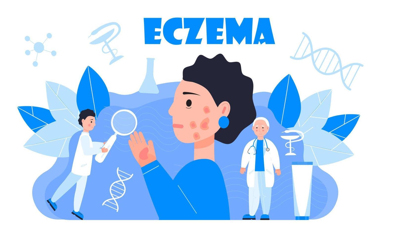 eczeem, psoriasis concept vector. verdrietig schattig meisje op de blauwe achtergrond. tine dermatologen behandelen eczeem van de patiënt. vector