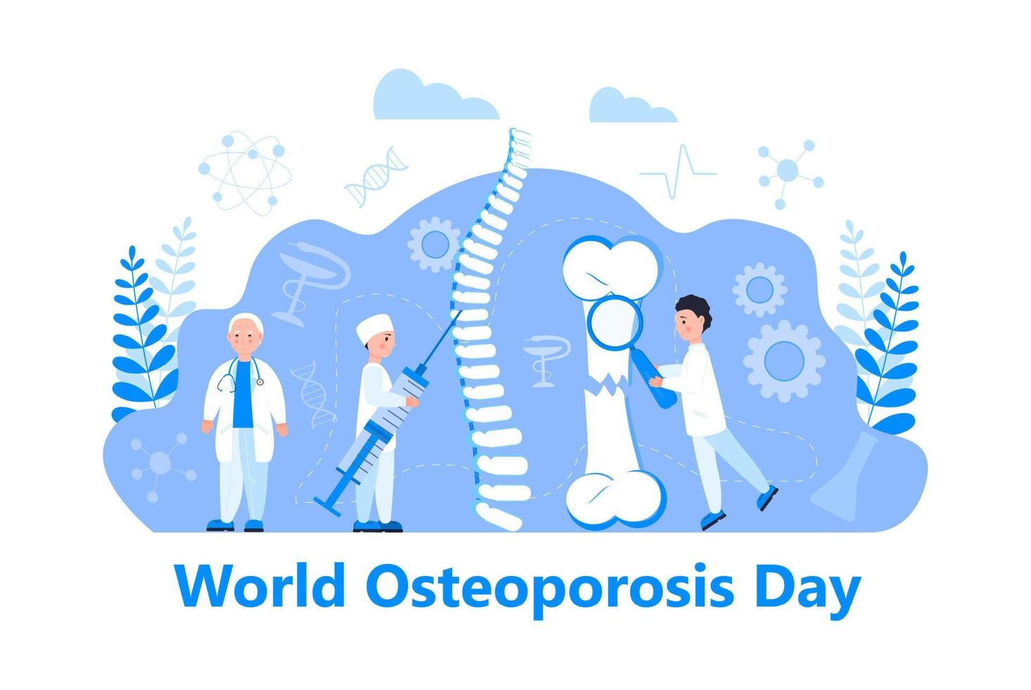 osteoporose werelddag concept, artrose anatomische vector. kleine artsen onderzoeken botten van mensen. vector