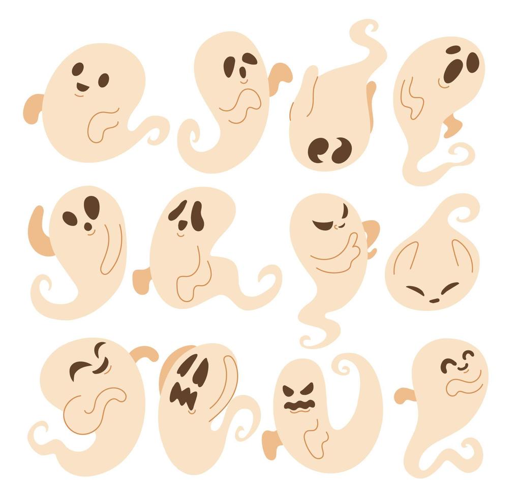 handgetekende set halloween schattig eng spookachtig spookobjecten karakterelementen, vectorillustratie collecties bundel set met esthetisch karakter vector