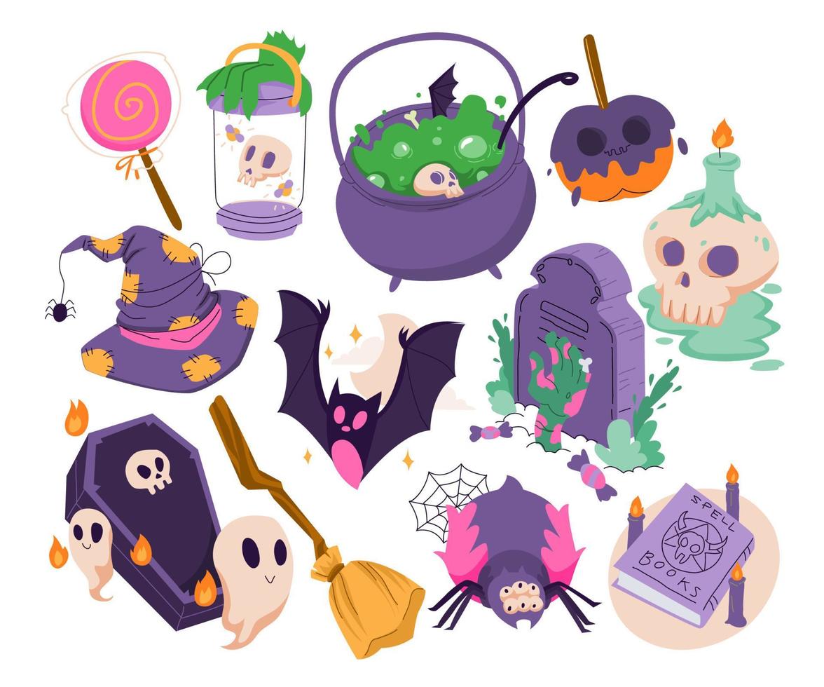 hand getekende set halloween objecten karakterelementen, vector illustratie collecties bundel set met vleermuis, oog, kist, heks hoed, schedel, spin, spook, bezem, pompoen en grafsteen