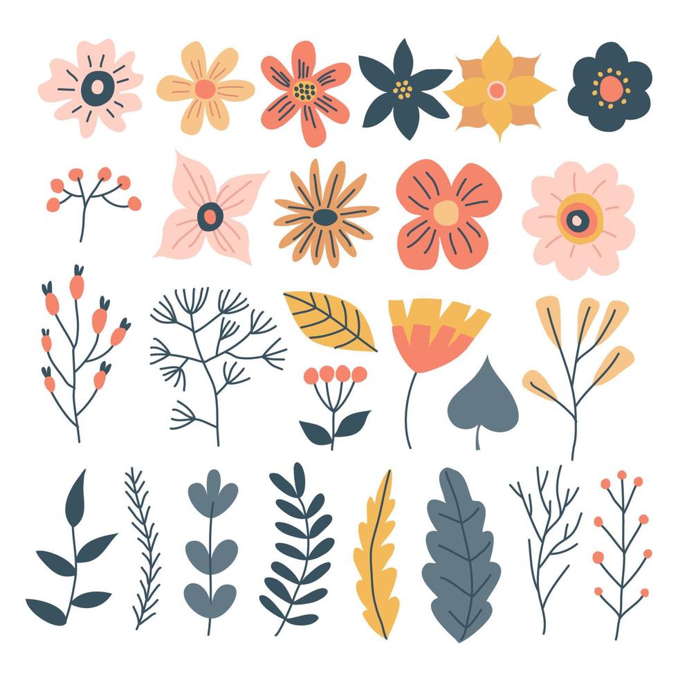 vintage set van schattige bloem, gebladerte collectie met kleurrijke bloemen botanische bundel elementen. aard van planten tuin. handgetekende vlakke stijl, geschikt voor huwelijksuitnodiging of sjabloon voor spandoek vector