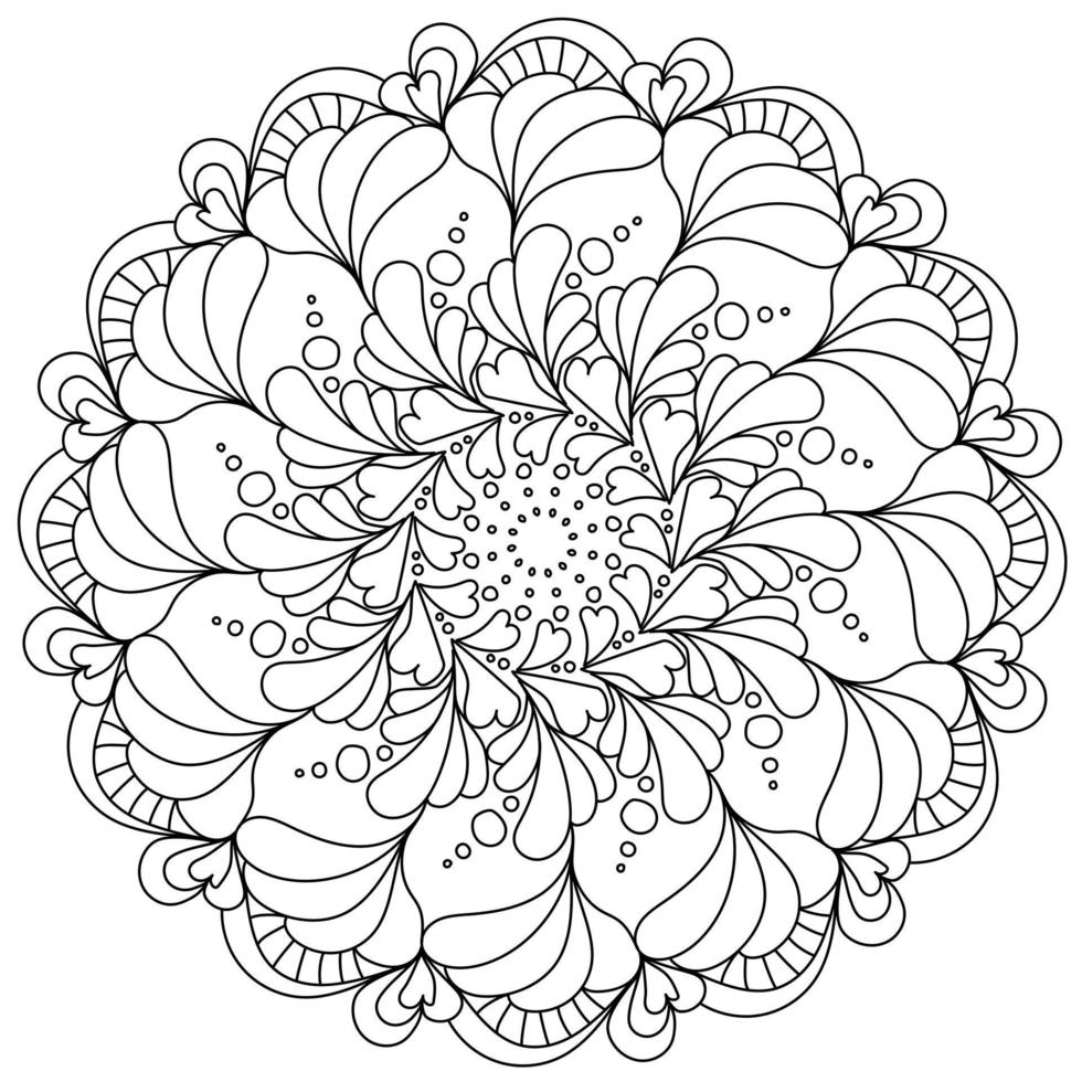 mandala zen kleurplaat met hartjes en bloemblaadjes, sierlijke antristress illustratie met abstracte patronen vector