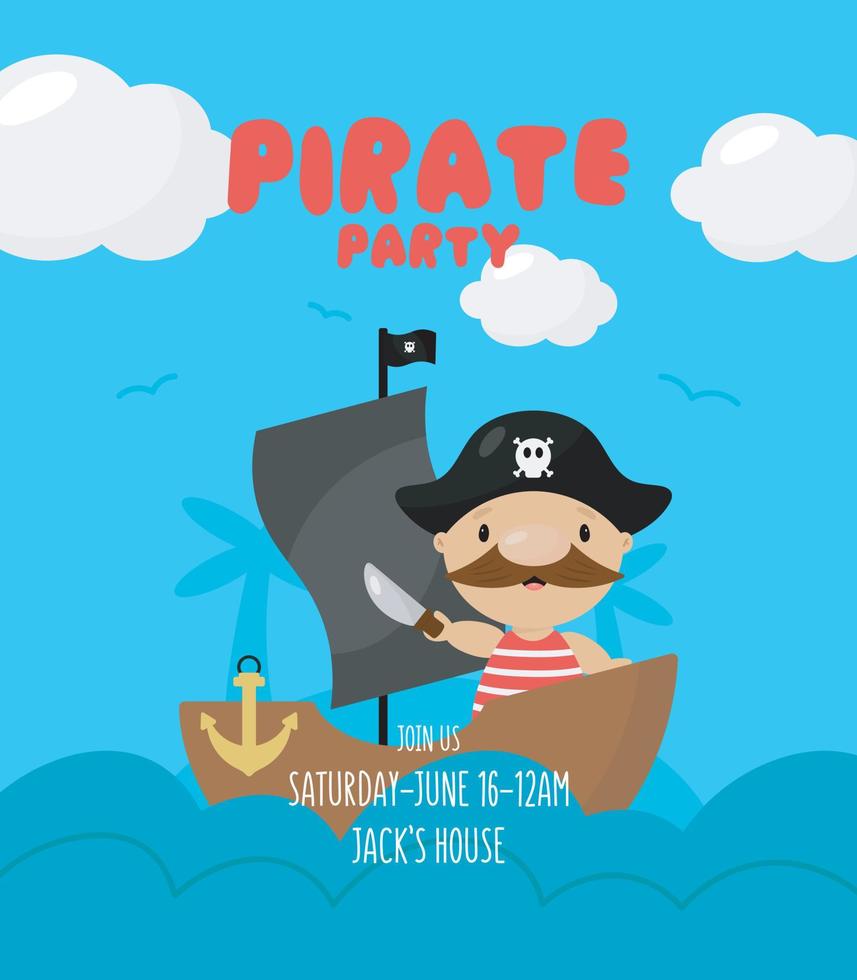 piratenfeestuitnodiging met piraat op het schip. vectorillustratie in cartoon-stijl. vector