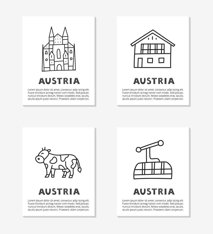 kaarten met doodle overzicht oostenrijkse iconen met inbegrip van de kathedraal van wenen, chalet huis, alpine, koe, kabelbaan geïsoleerd op een grijze achtergrond. vector