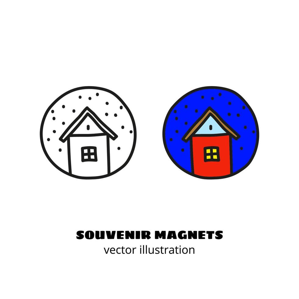 doodle overzicht, gekleurde souvenir magneet of sticker met huis en nachtelijke hemel geïsoleerd op een witte achtergrond. vector