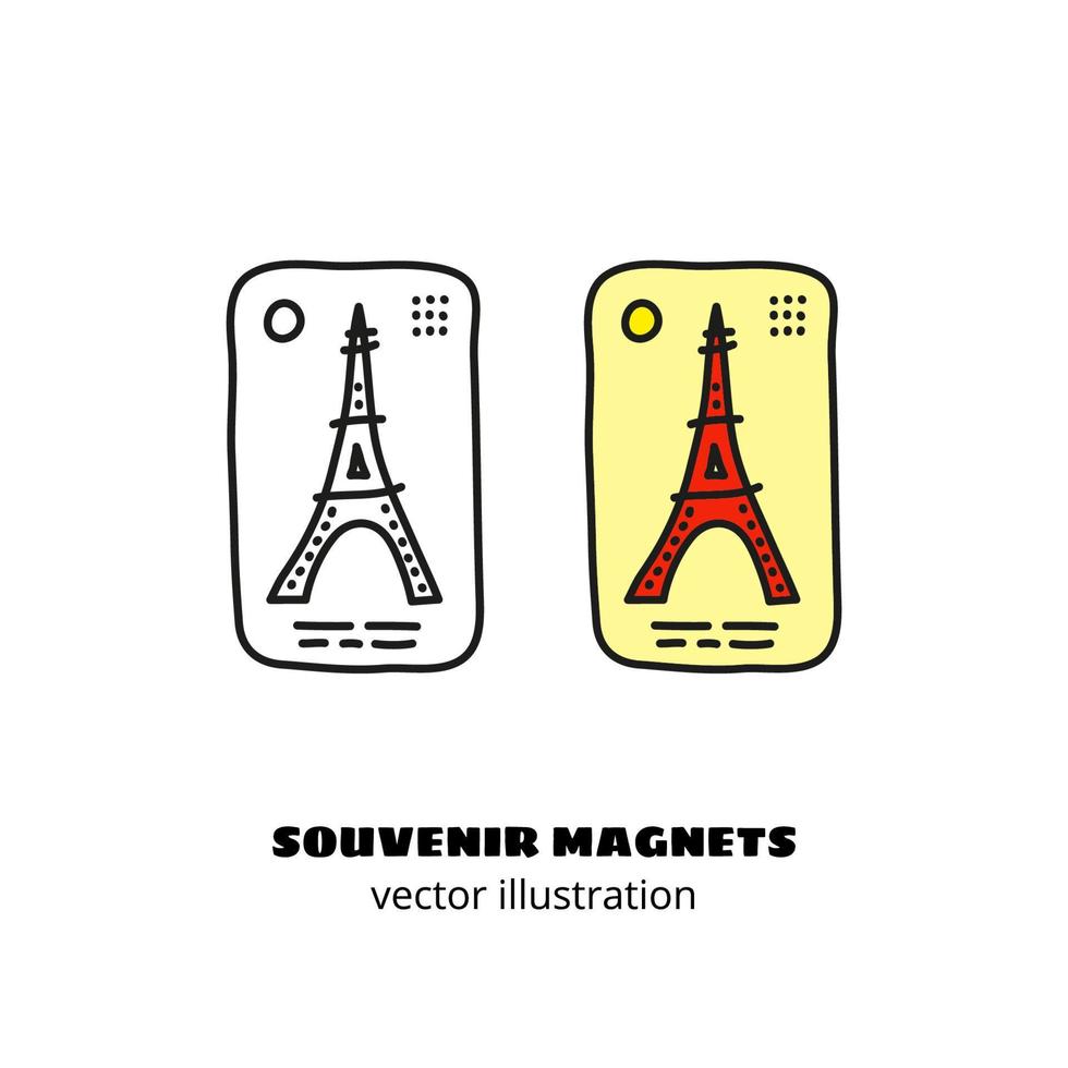 doodle overzicht en gekleurde souvenir magneet of sticker met eiffeltoren geïsoleerd op een witte achtergrond. vector