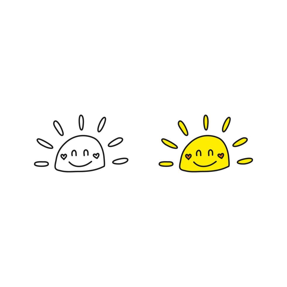 doodle overzicht en gekleurde happy smiley zon pictogrammen geïsoleerd op een witte achtergrond. vector