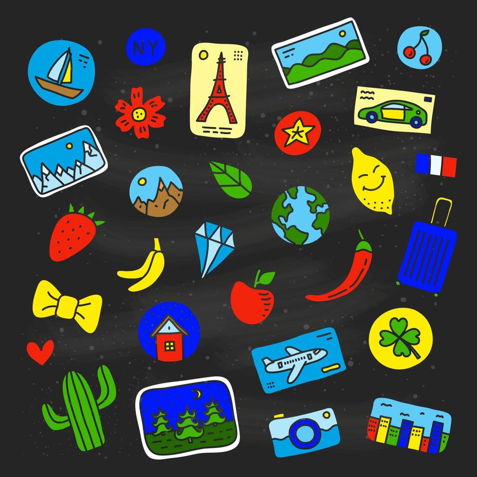 set doodle kleurrijke souvenir magneten of stickers geïsoleerd op schoolbord achtergrond. vector