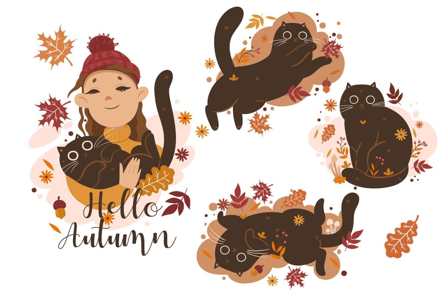 herfst set katten en meisjes illustraties en de inscriptie hallo herfst. vectorafbeeldingen vector