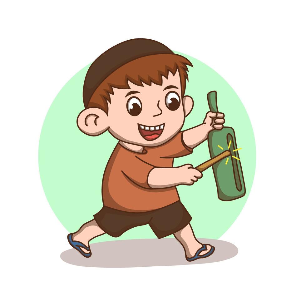 moslim jongen kinderen tekenen cartoon. ramadan viering mascotte vectorillustratie. jonge kinderen islamitische illustratie vector