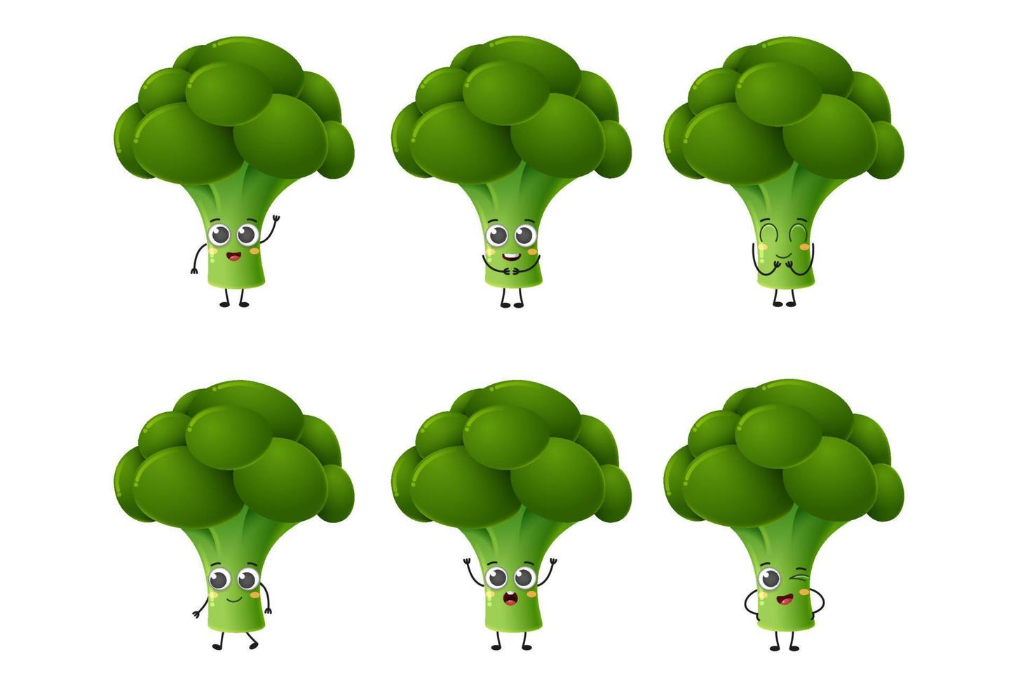 set van schattige cartoon broccoli groenten vector tekenset geïsoleerd op een witte achtergrond