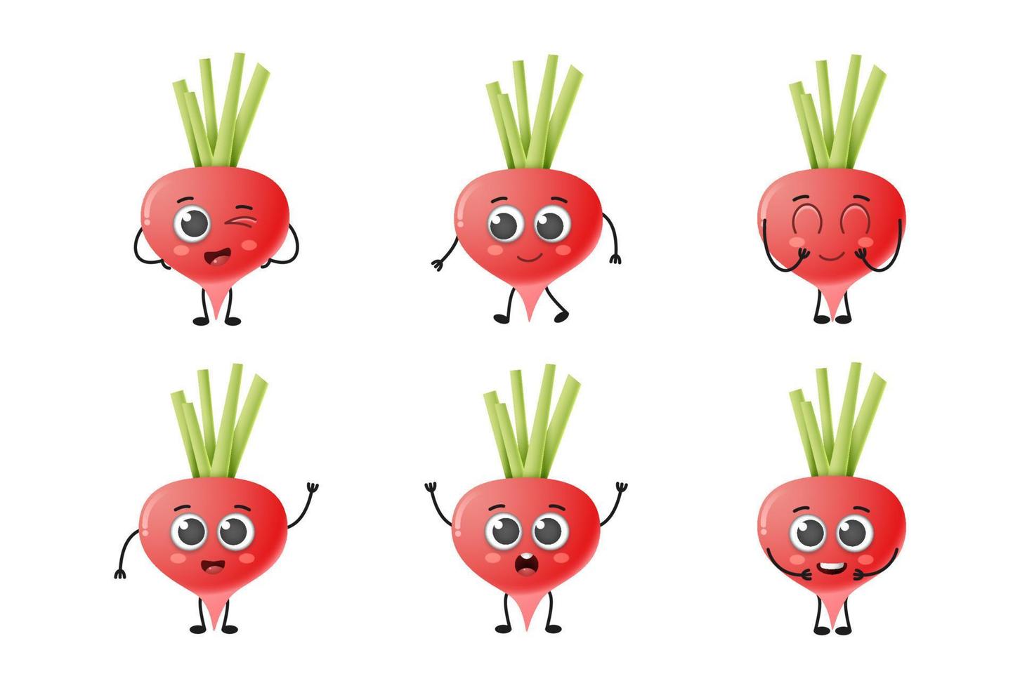 set van schattige cartoon radijs groenten vector tekenset geïsoleerd op een witte achtergrond