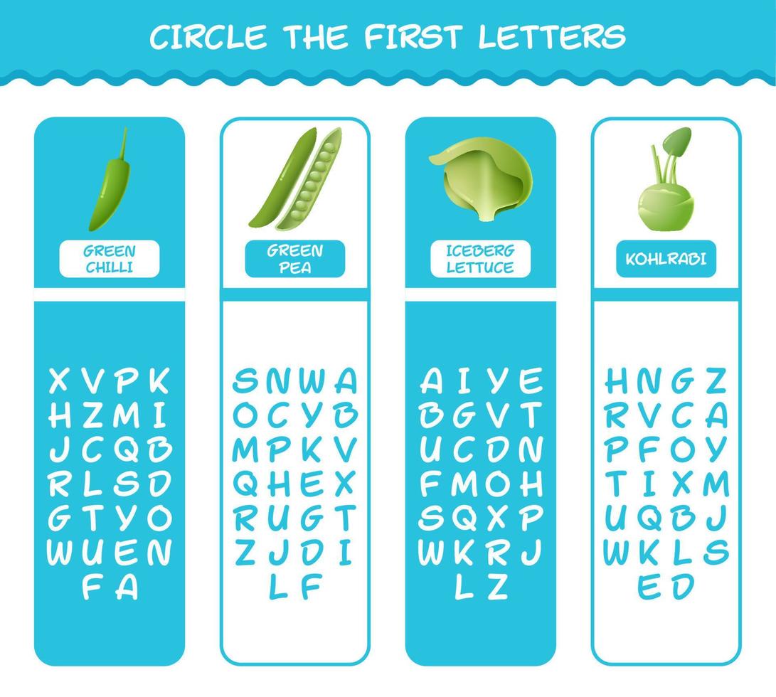 omcirkel de eerste letters van cartoongroenten. bijpassende spel. educatief spel voor kleuters en peuters vector
