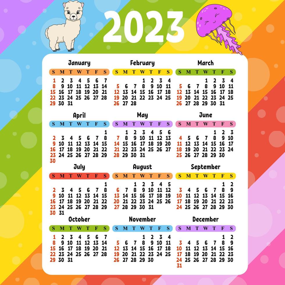 kalender voor 2023 met een schattig karakter. leuk en helder ontwerp. geïsoleerde kleur vectorillustratie. cartoon-stijl. vector