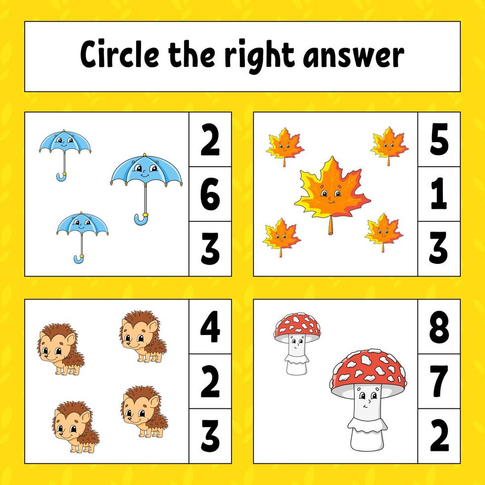 Omcirkel het juiste antwoord. onderwijs ontwikkelen werkblad. activiteitenpagina met foto's. spel voor kinderen. herfst thema. kleur geïsoleerde vectorillustratie. grappig karakter. cartoon-stijl. vector