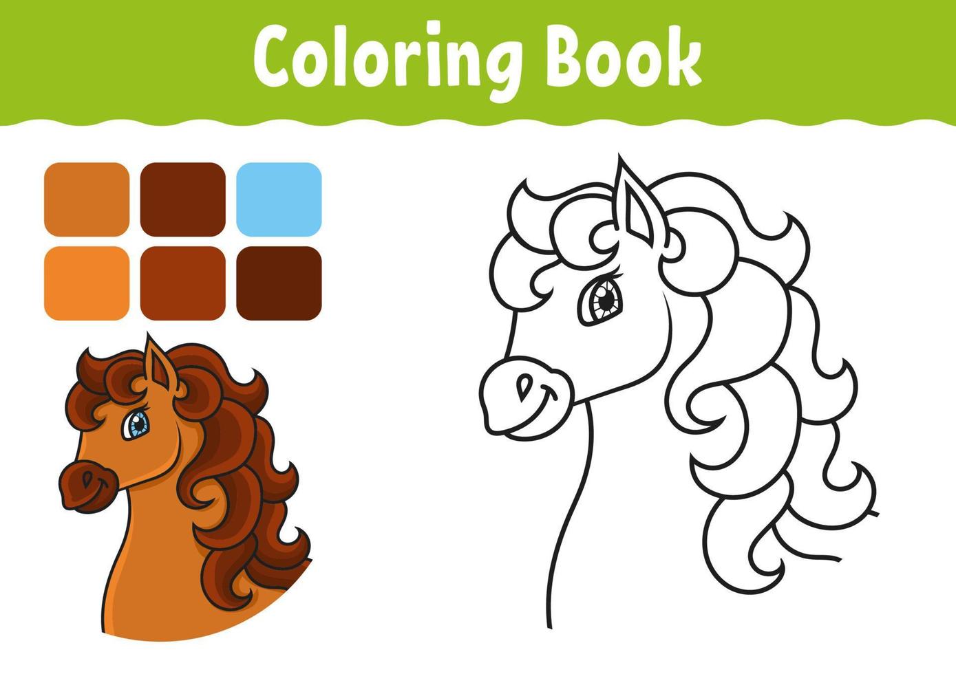 kleurboek voor kinderen. paard dier. vrolijk karakter. vectorillustratie. leuke cartoonstijl. fantasie pagina voor kinderen. zwarte contour. geïsoleerd op een witte achtergrond. vector