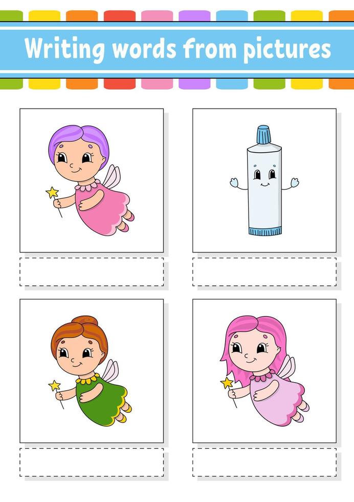 woorden van foto's schrijven. onderwijs ontwikkelen werkblad. activiteitenpagina voor kinderen. puzzel voor kinderen. geïsoleerde vectorillustratie. stripfiguren. vector