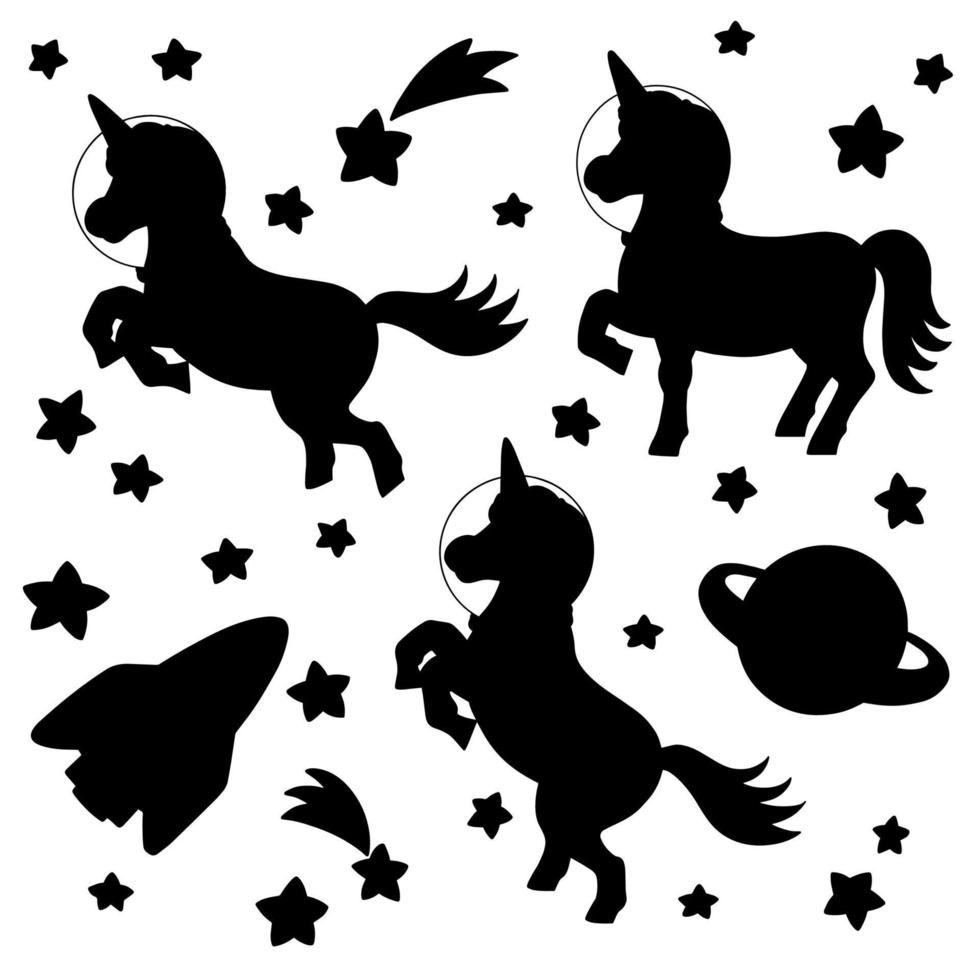 magische fee eenhoorn astronaut reist in de ruimte. . leuk paard. zwart silhouet. ontwerpelement. vectorillustratie geïsoleerd op een witte achtergrond. vector