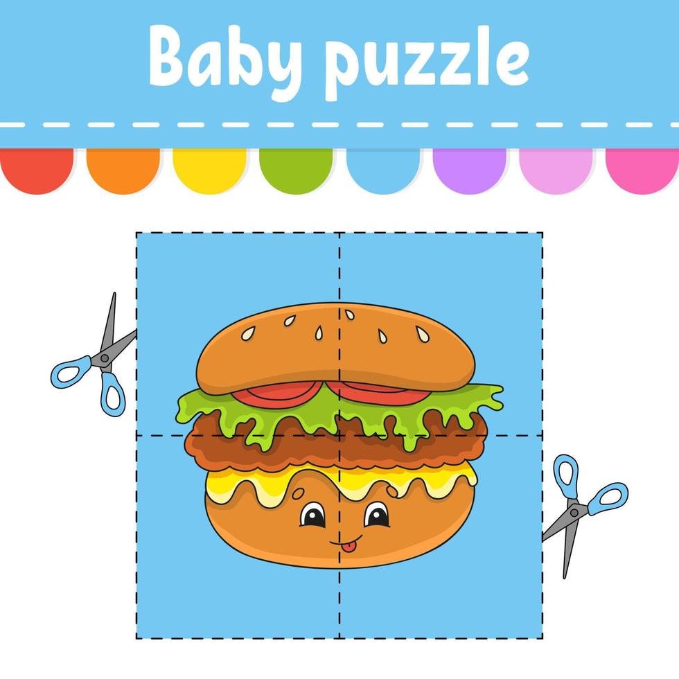 baby puzzel. eenvoudig niveau. flitskaarten. knippen en spelen. werkblad kleuractiviteit. spel voor kinderen. stripfiguur. vector