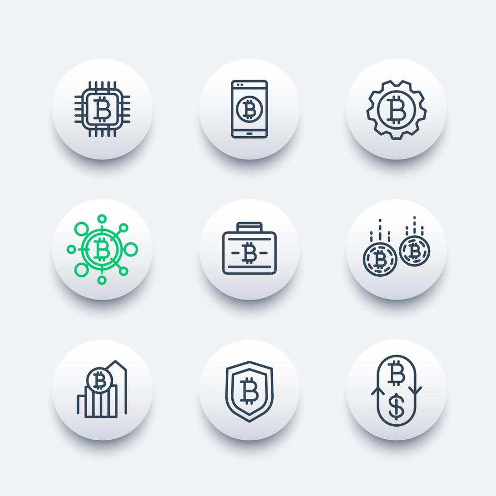 bitcoin investeringen, betalingen, uitwisseling lijn iconen set vector