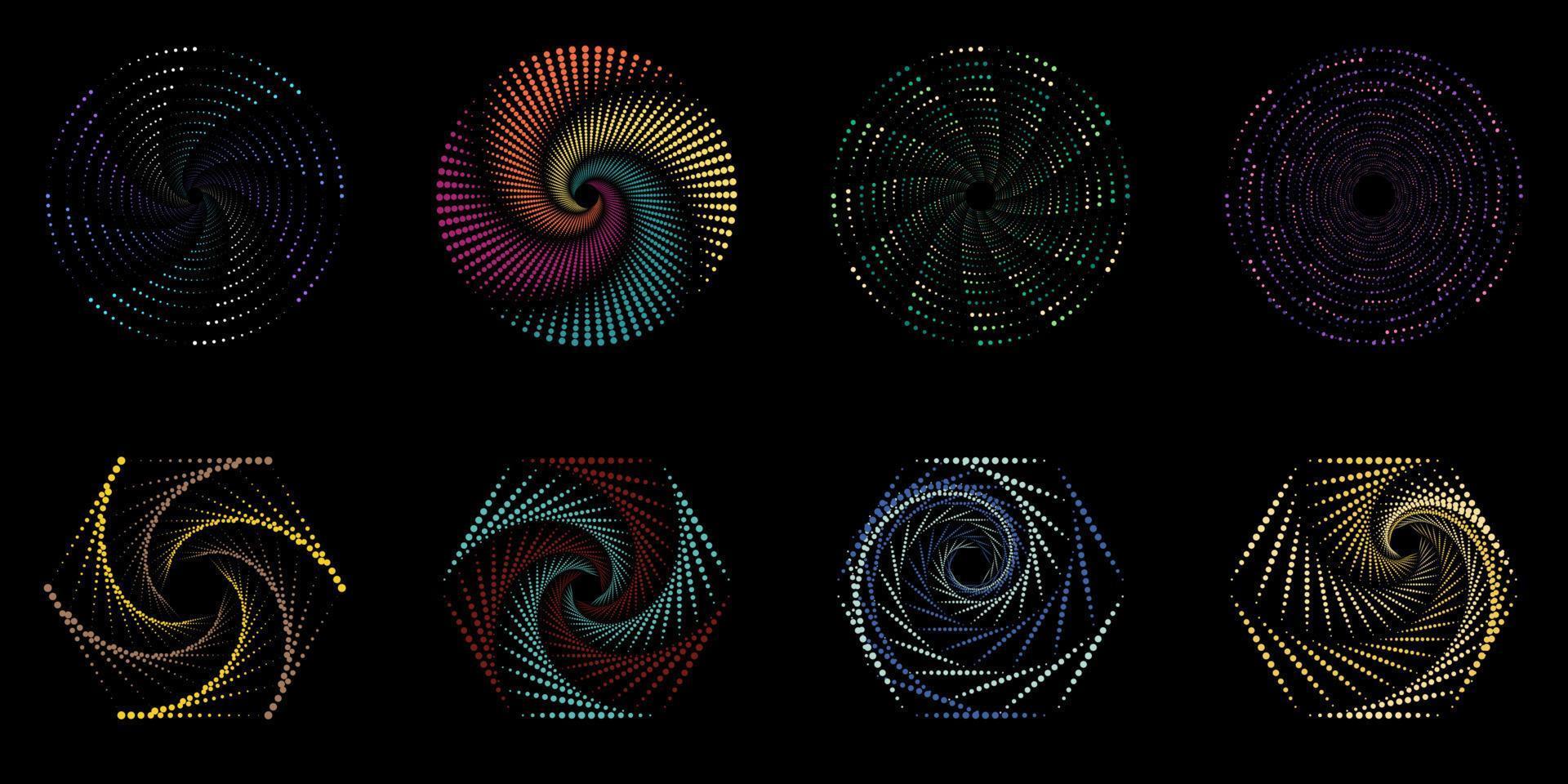 set van gestippelde spiraalvormige vortex geometrische elementen geïsoleerd op zwarte achtergrond vector