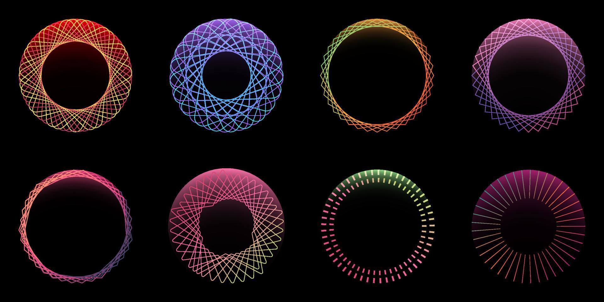 set van spirograaf effect cirkels spiraal elementen geïsoleerd op zwarte achtergrond vector