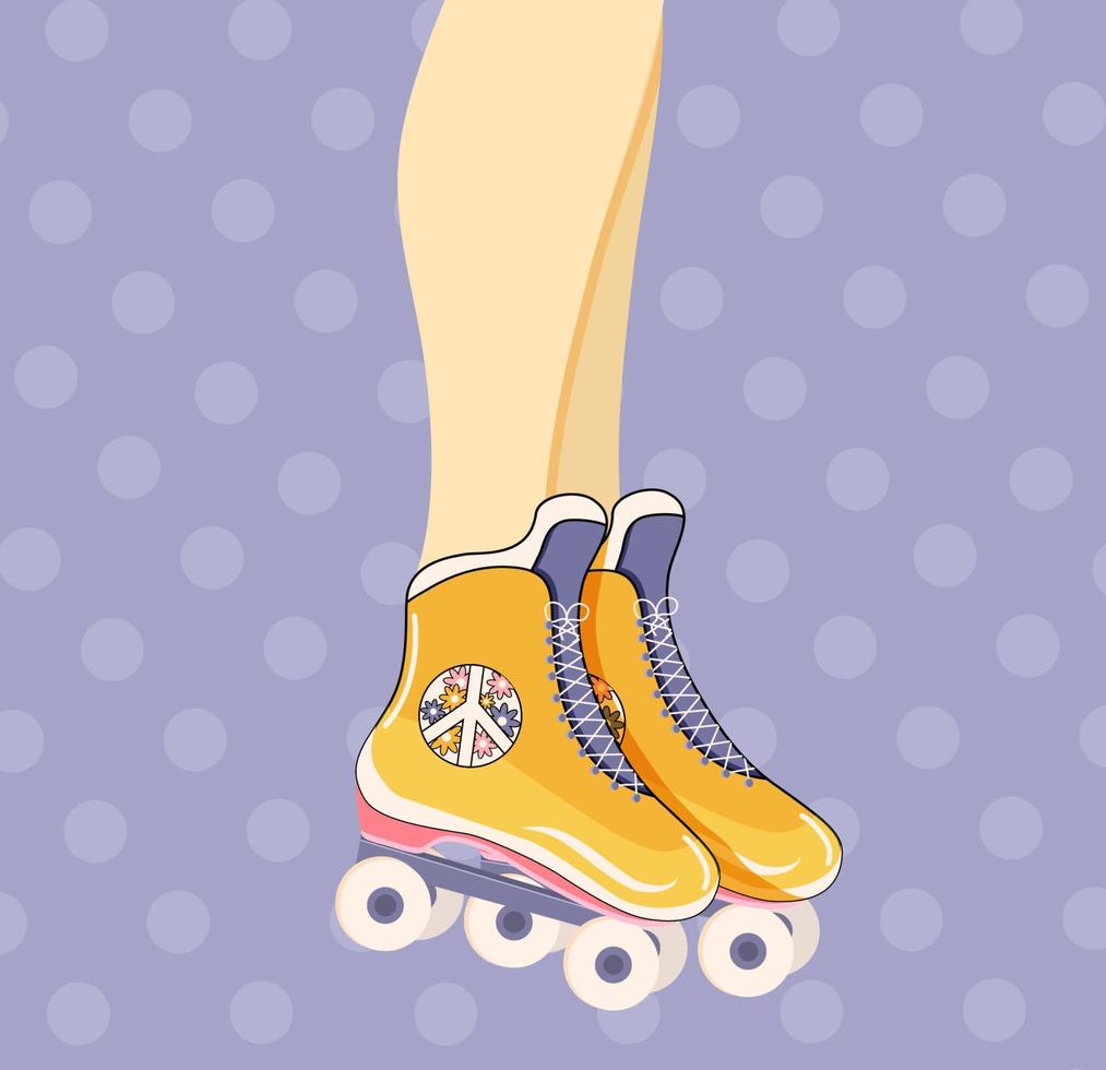 gele rolschaatsen in retrostijl. plat ontwerp. vector voorraad illustratie. lila achtergrond.