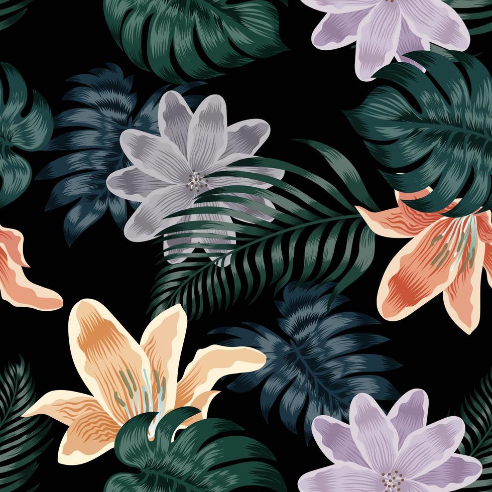 naadloze patroon bloem en blad op zwarte achtergrond. vectorillustratie. vector