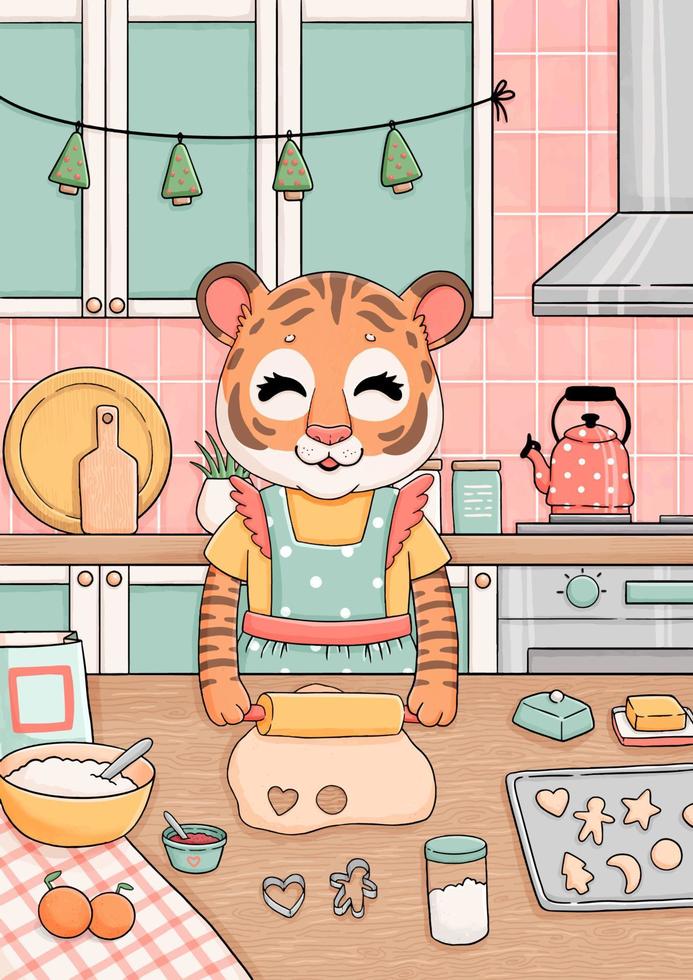 nieuwjaar moeder tijger koken cookies vectorillustratie vector
