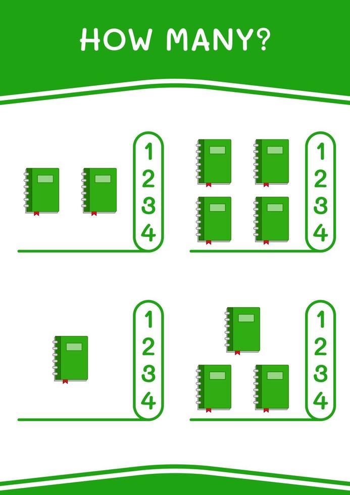 hoeveel van notebook, spel voor kinderen. vectorillustratie, afdrukbaar werkblad vector