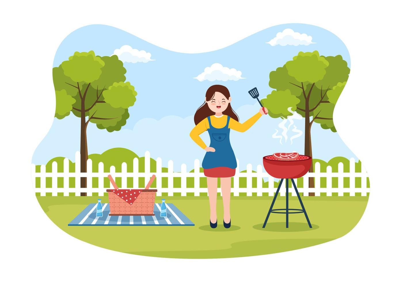 bbq of barbecue met steaks op grill, borden, worst, kip, groenten en mensen op picknick of feest in het park in platte cartoonillustratie vector