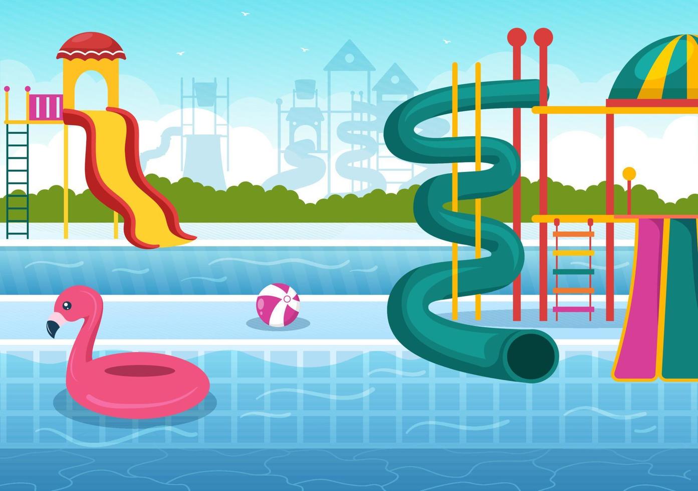 waterpark met zwembad, amusement, glijbaan, palmbomen voor recreatie en buitenspeeltuin in platte cartoonillustratie vector