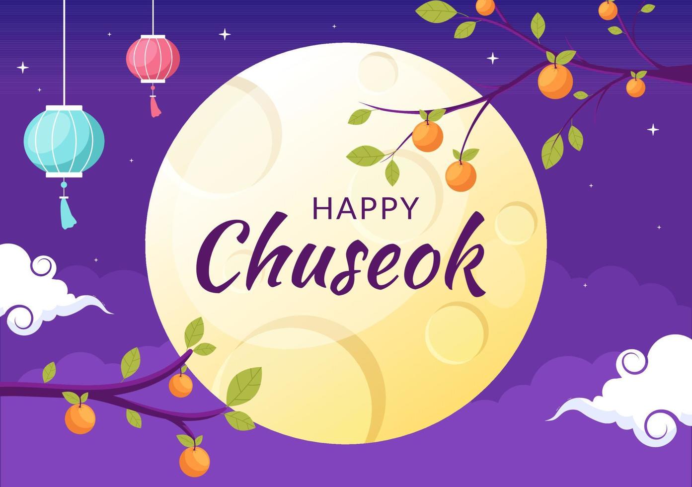 gelukkige chuseok-dag in korea voor dankzegging met kalligrafietekst, volle maan en hemellandschap in platte cartoonillustratie vector