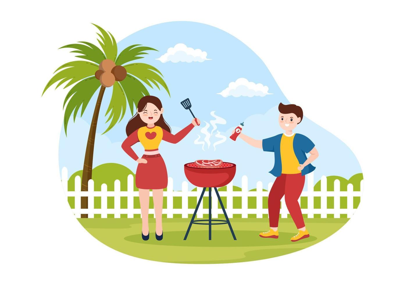 bbq of barbecue met steaks op grill, borden, worst, kip, groenten en mensen op picknick of feest in het park in platte cartoonillustratie vector