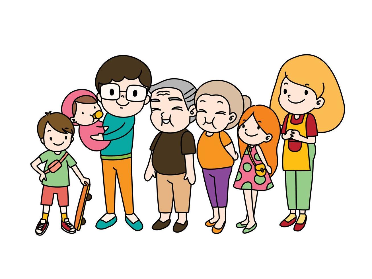 grote familie die samen staat, met de hand getekende vectorillustratie. opa, oma, moeder, vader, broer, zus, kinderen, baby vector