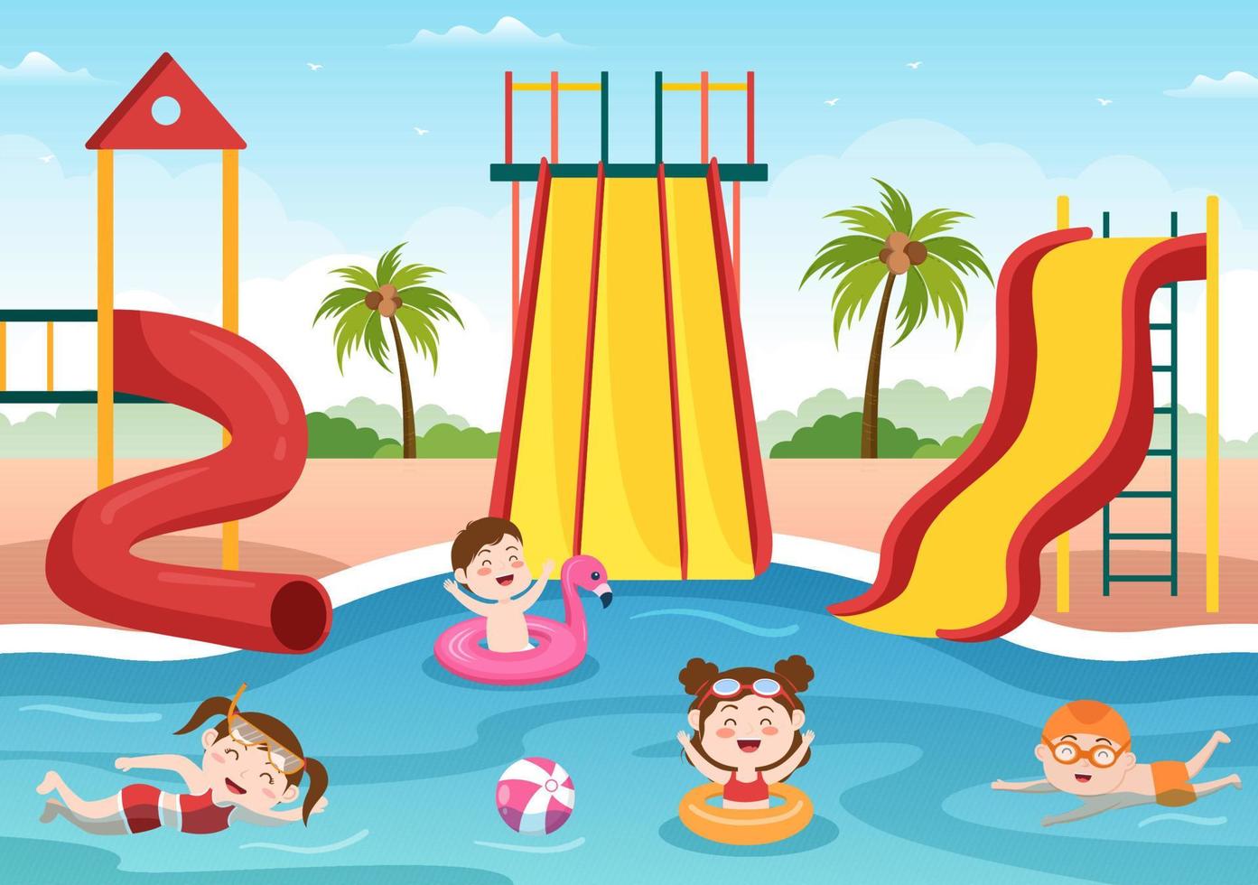 waterpark met zwembad, amusement, glijbaan, palmbomen en de kinderen zwemmen voor recreatie en buitenspeeltuin in platte cartoonillustratie vector