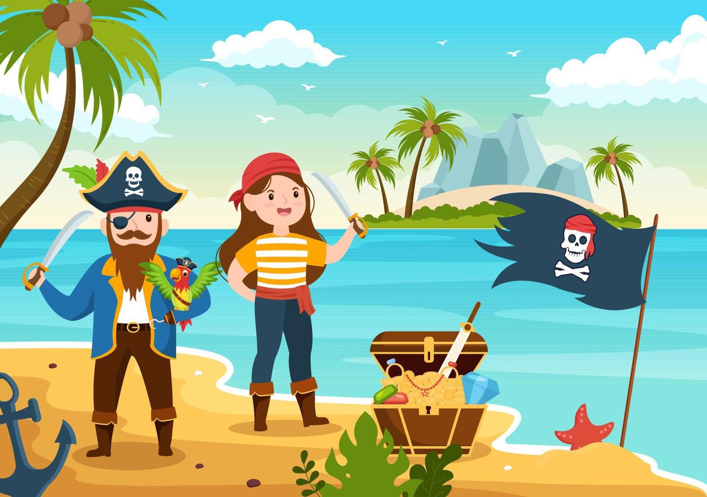 schattige piraat cartoon karakter illustratie met houten wiel, borst, vintage Caribisch gebied, piraten en vrolijke roger op schip op zee of eiland vector