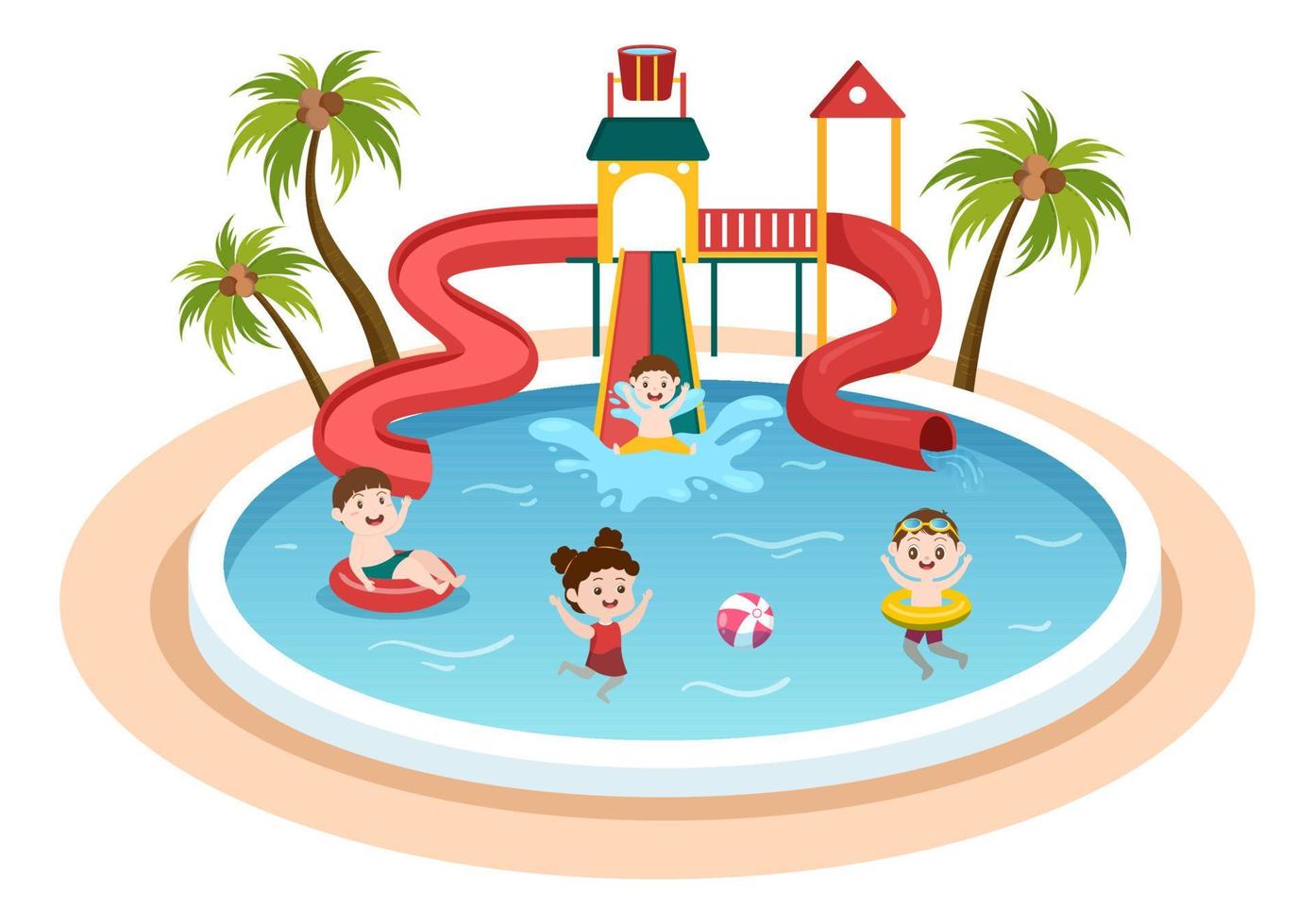 waterpark met zwembad, amusement, glijbaan, palmbomen en de kinderen zwemmen voor recreatie en buitenspeeltuin in platte cartoonillustratie vector