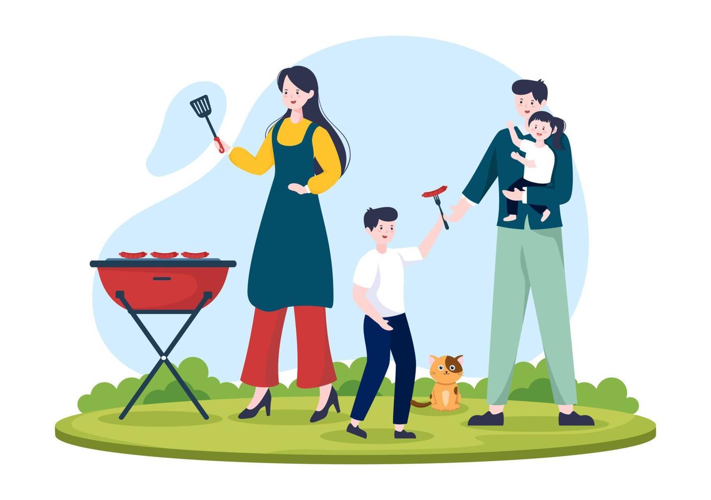 bbq of barbecue met steaks op grill, borden, worst, kip, groenten en mensen op picknick of feest in het park in platte cartoonillustratie vector