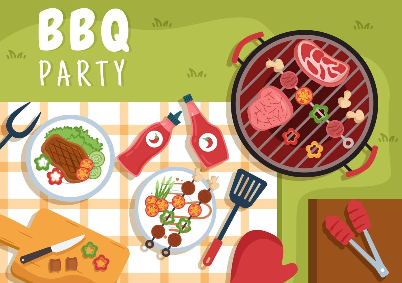 bbq of barbecue met steaks op grill, broodrooster, borden, worst, kip en groenten in platte achtergrond cartoon afbeelding vector