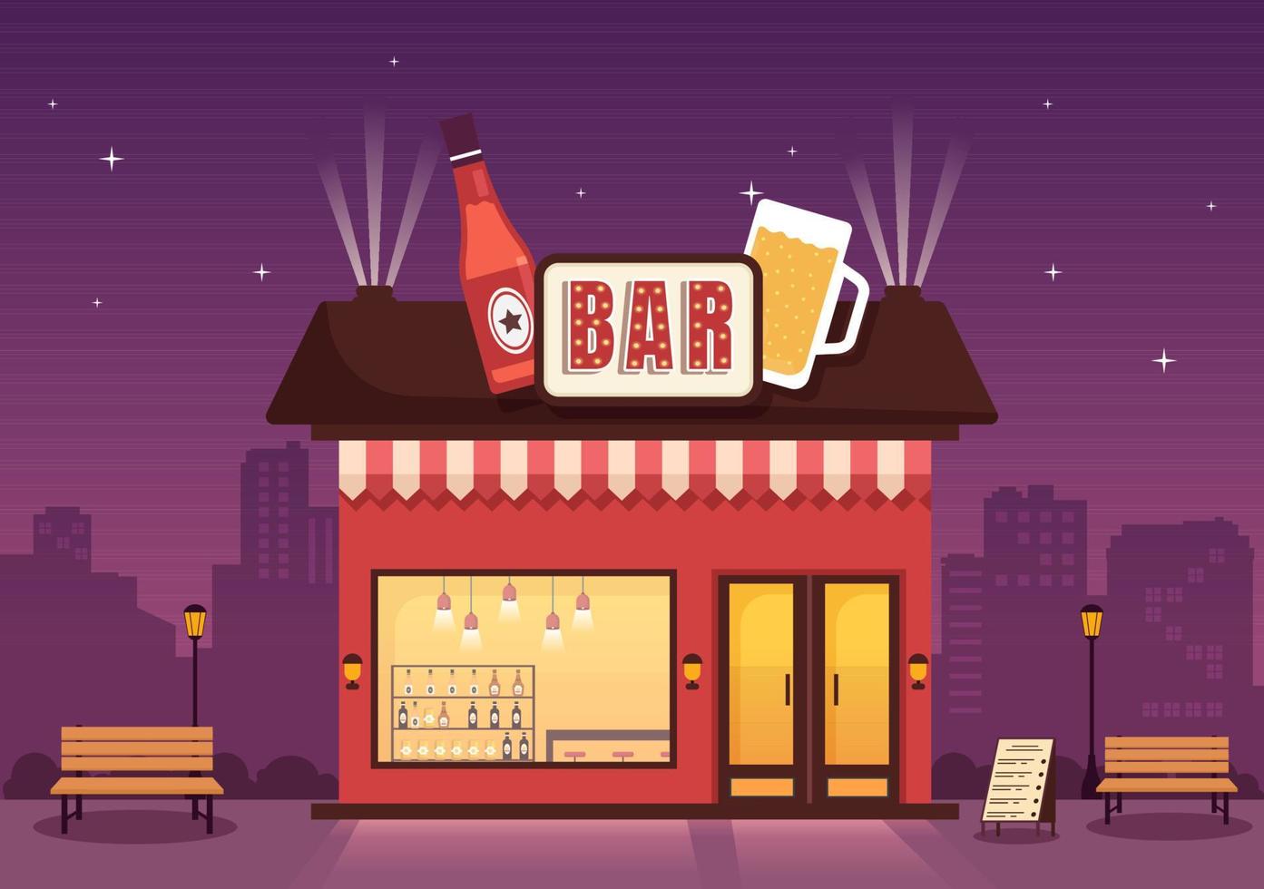 bar- of pubgebouw met uitzicht op de buitenkant van het café in platte cartoonillustratie vector