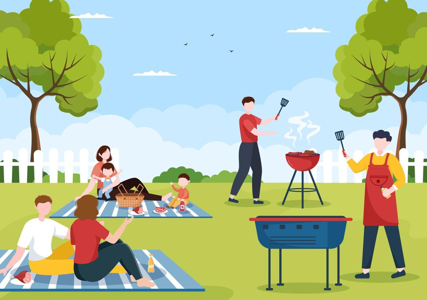 bbq of barbecue met steaks op grill, borden, worst, kip, groenten en mensen op picknick of feest in het park in platte cartoonillustratie vector