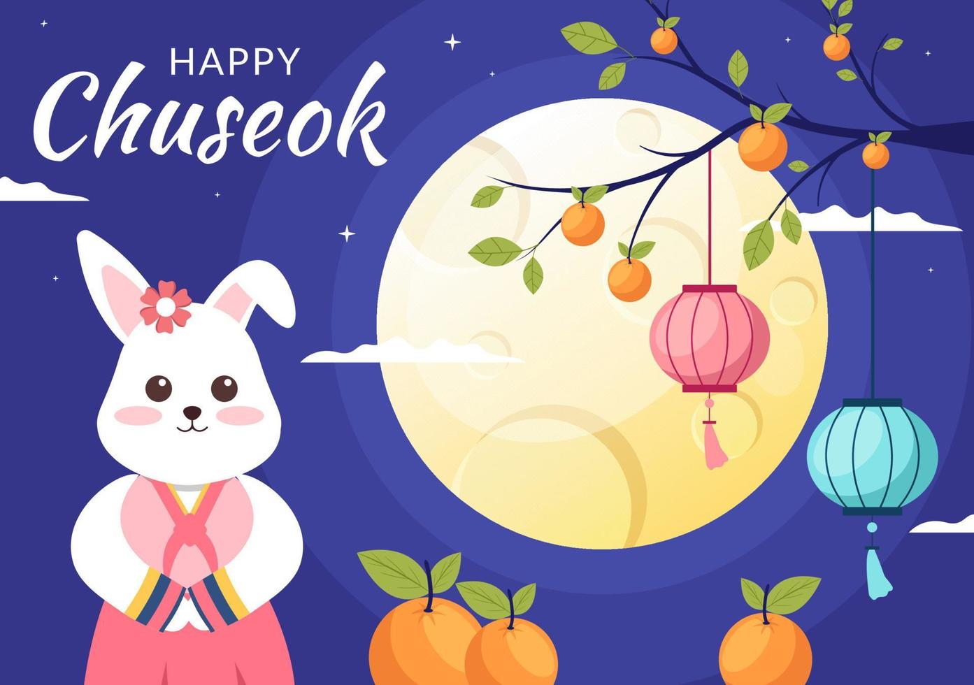 gelukkige chuseok-dag in Korea voor Thanksgiving met schattig konijnkarakter in traditioneel hanbok, volle maan en luchtlandschap in platte cartoonillustratie vector