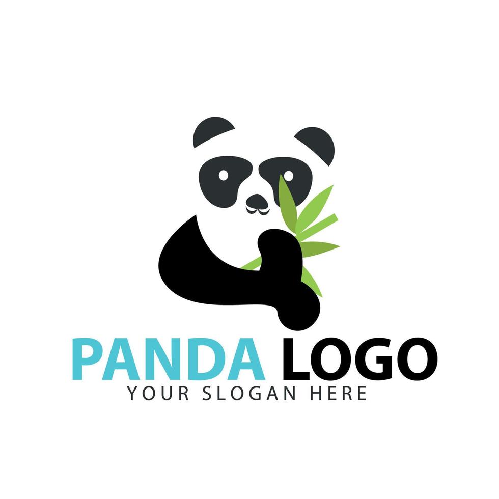 schattig panda-logo met een bamboebladtak in één hand vector