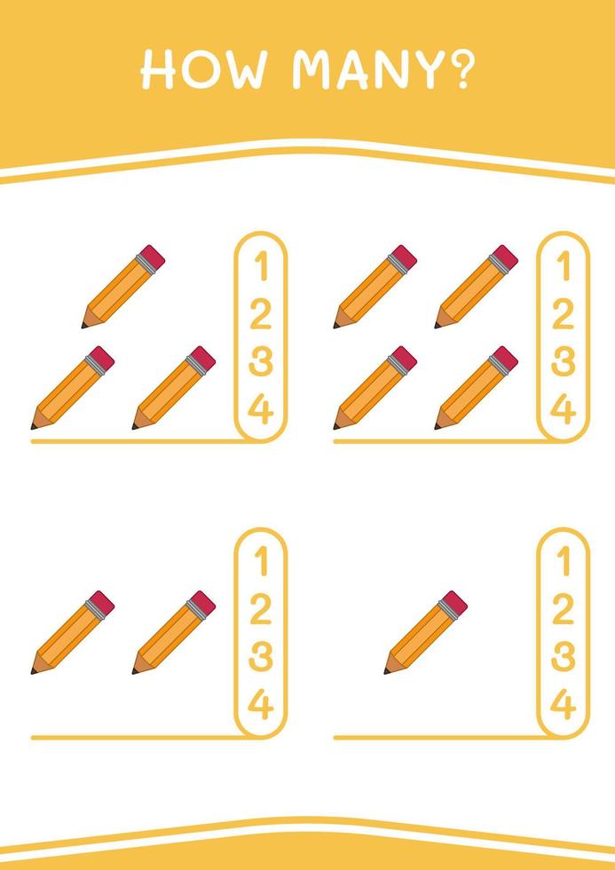 hoeveel potlood, spel voor kinderen. vectorillustratie, afdrukbaar werkblad vector